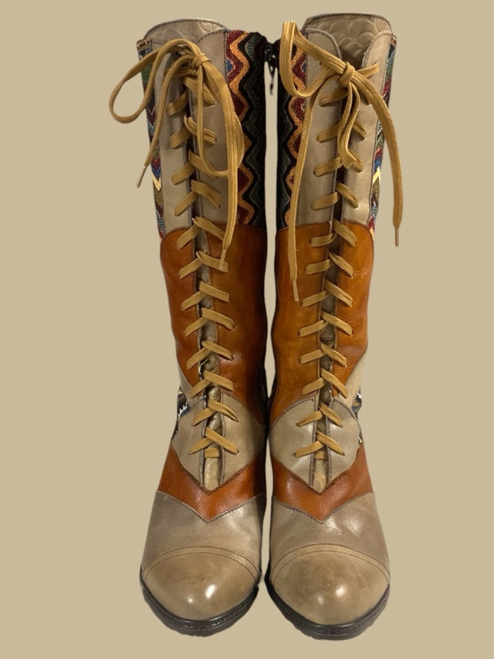 L'ATISTE Malag Boot Lace-Up Mid-Calf Boots in Tan/Beige/Multicolor Size 38
